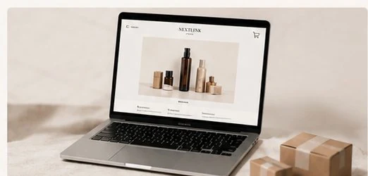 E-commerce website on laptop with shipping boxes