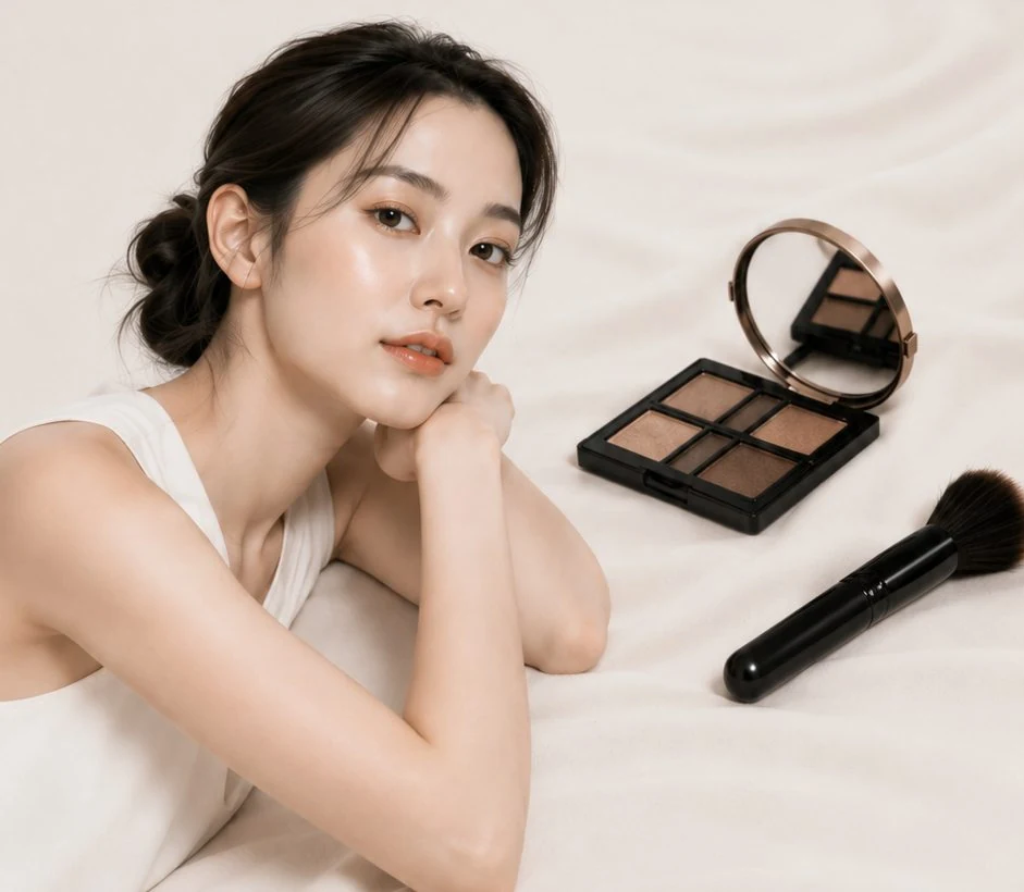 Beauty model with makeup palette and brush